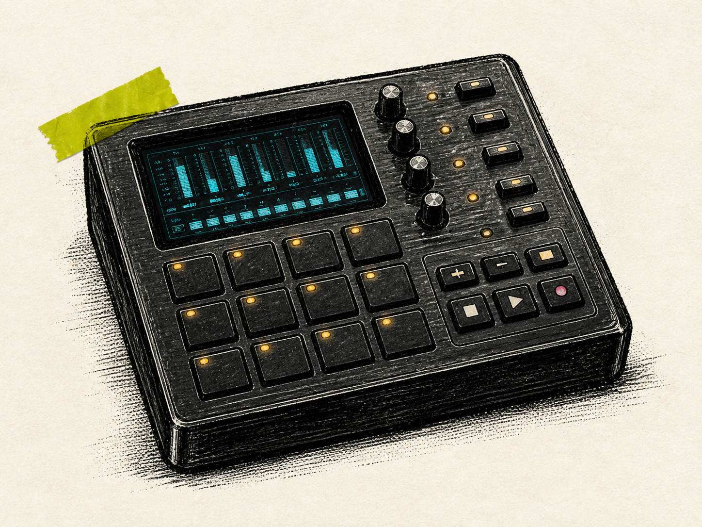 Ink illustration of the Pocket Tracker handheld music workstation